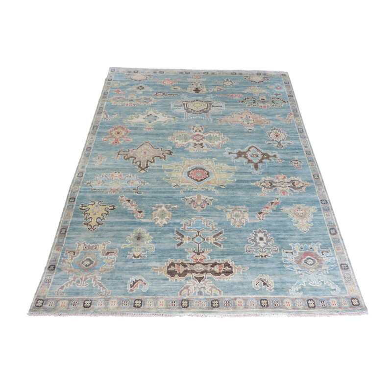 Tapis oriental bleu noué à la main 7 pi 9 po x 10 pi 2 po Oushak DBA9036E386A4FD2AC3131952C151A61