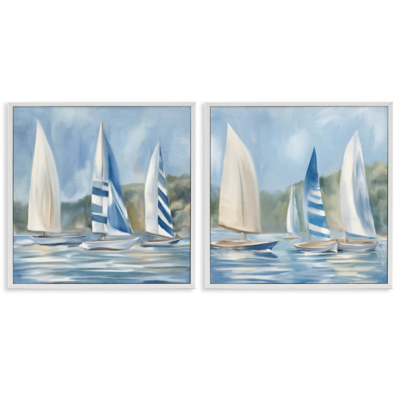 Voiliers sur l'eau calme, ensemble de 2 giclées par Kim Allen, Giclée encadrée blanc bord de mer, H 12 po x l 12 po