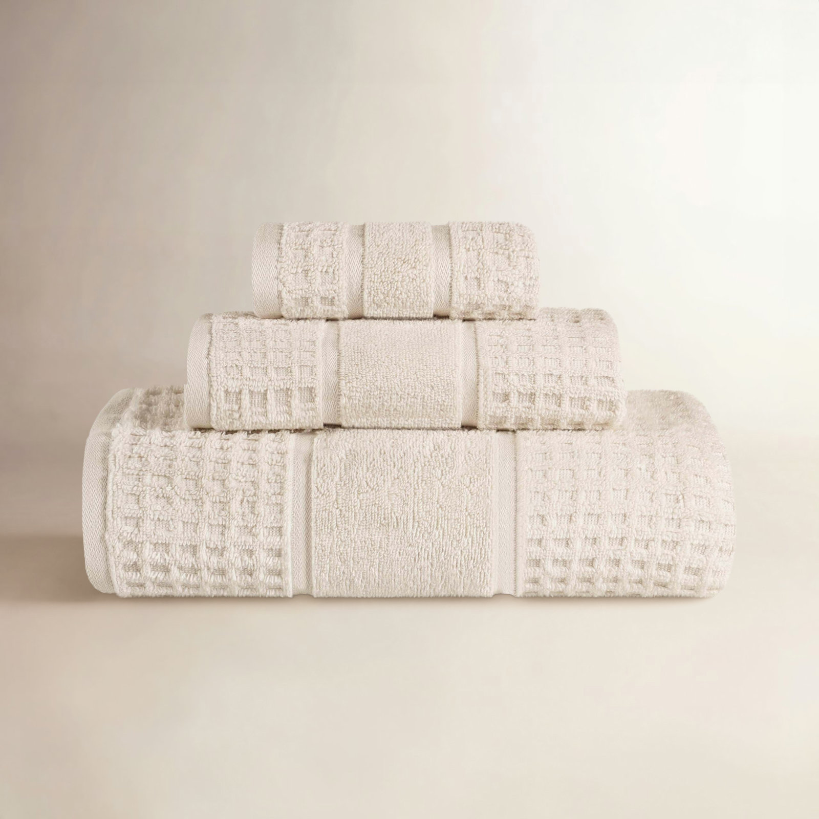 Hisela 3-Piece Waffle Cotton Towel Set, Ivory, 3 Piece Towel Set