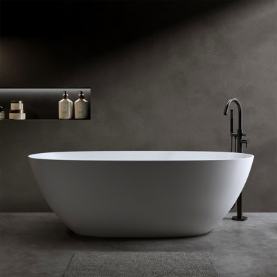 57″Solid Surface Matte Tub, Solid Surface Soaking Tub, Stone Resin Freestanding Bathtub, Thick Edge Stand Alone Tubs With Overflow, Pop-Up Drain, Matte White (Oval)
