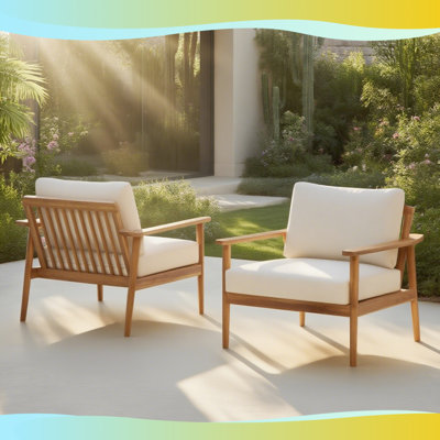 Chaise longue d'extérieur Mid-Century moderne - Structure en bois de teck massif avec coussins en polyester résistant aux intempéries - Patio, jardin ou balcon (ensemble de 2)