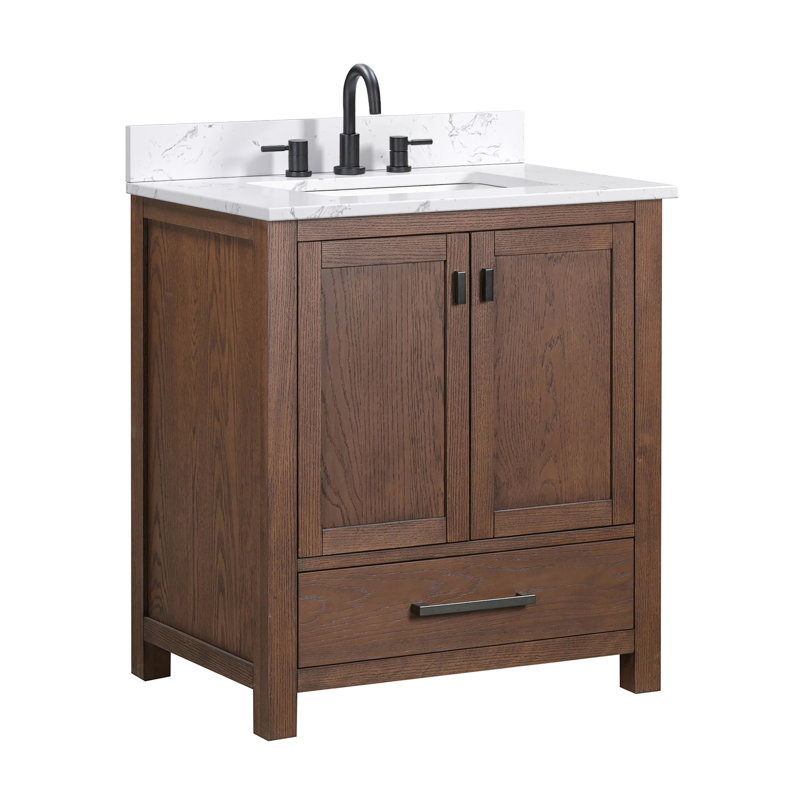 Modero 30" Single Bathroom Vanity with Top, Cala White Marble, Mocha Oak, Black