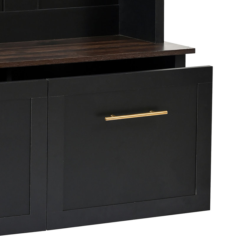 Modern Freestanding Tall Wooden Storage Hall Tree with Built-In Bench, Black