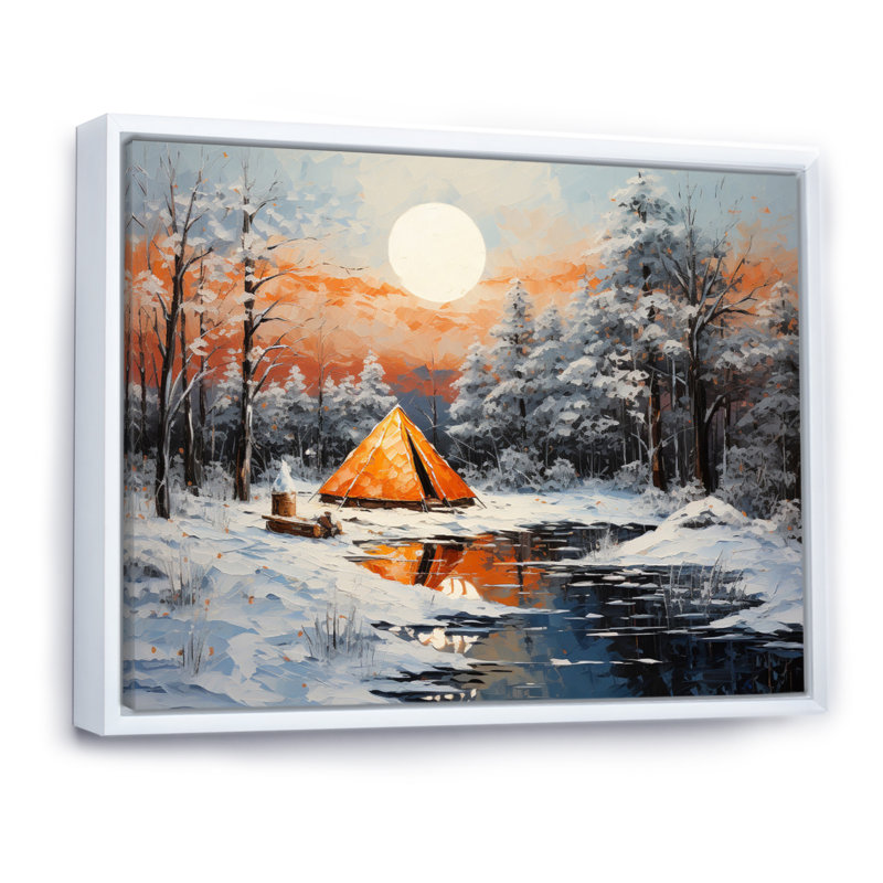 Winters Camping Glow III, reproduction d'art sur toile, Cadre flottant blanc, H 34 po x l 44 po x P 1,5 po