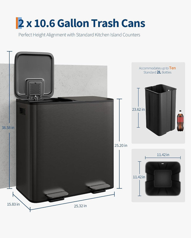 2 x poubelle double en acier inoxydable 8 / 10,6 gallons avec pédale, bac de recyclage de cuisine, 21,2 gallons, Noir mat