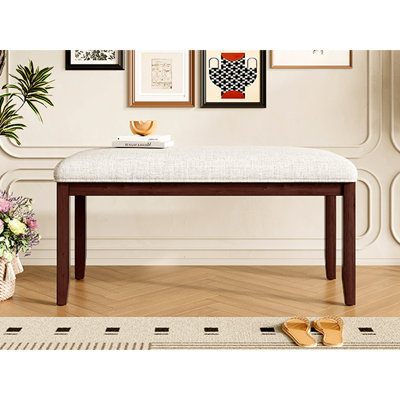 Banc de 38 pouces pour hall d'entrée avec siège rembourré en lin beige et pieds en bois d'hévéa massif pour le salon, la chambre à coucher, la salle à manger, le style Mid-Century moderne et confortable, l'extrémité de la chambre à coucher moderne, le couloir