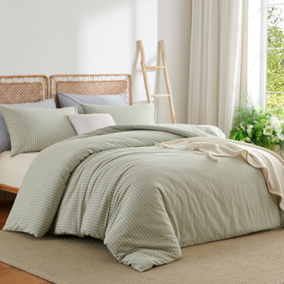 Striped Duvet Cover 100% Washed Cotton Duvet Cover Set Soft Linen Like Textured Stripe Pattern Farmhouse Bedding Set With Zipper Closure Corner Ties