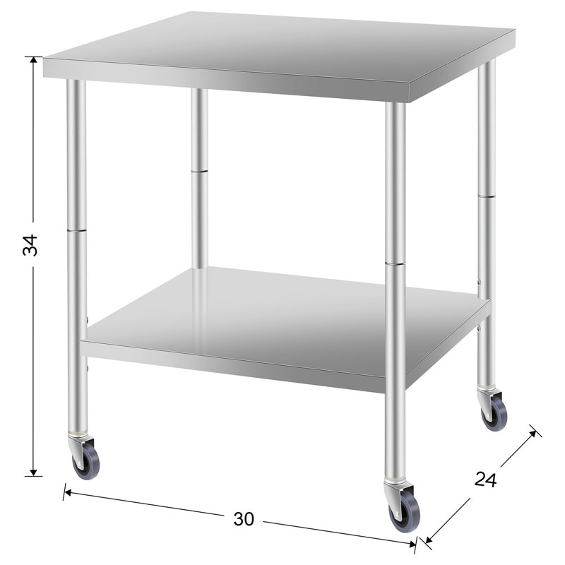 Table de travail commerciale de 30 po x 24 po avec tablette inférieure et roulettes, 34 pouces de hauteur, en acier inoxydable pour la préparation des aliments pour la cuisine à domicile
