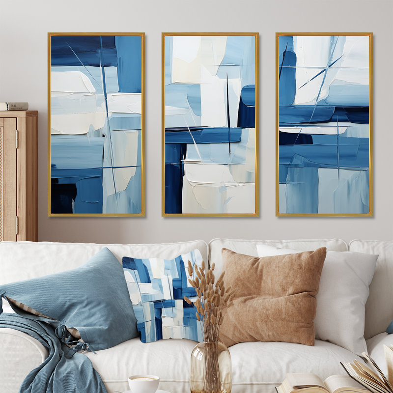 Nautique, formes géométriques blanches et bleues II - art mural géométrique, Cadre flottant doré, H 28 po x l 36 po x P 1 po