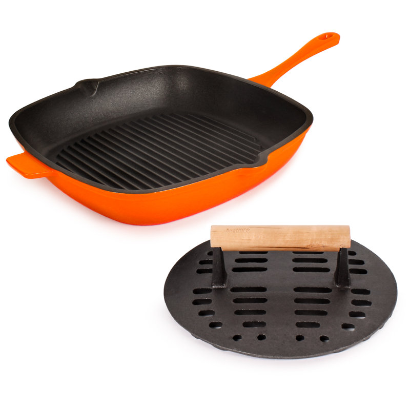 Neo 2Pc Cast Iron Set: 11" Grill Pan & With Slotted Steak Press, Oyster, Orange
