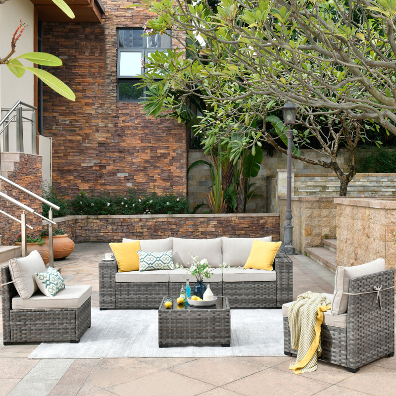 5-Person Wicker Patio Furniture Set With Cozy Cushions And Coffee Table, Beige