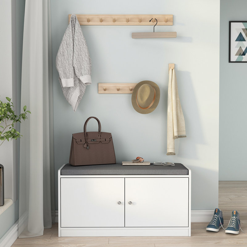 18.1'' H X 35.8'' W Upholstered Shoe Storage Bench, White/Gray