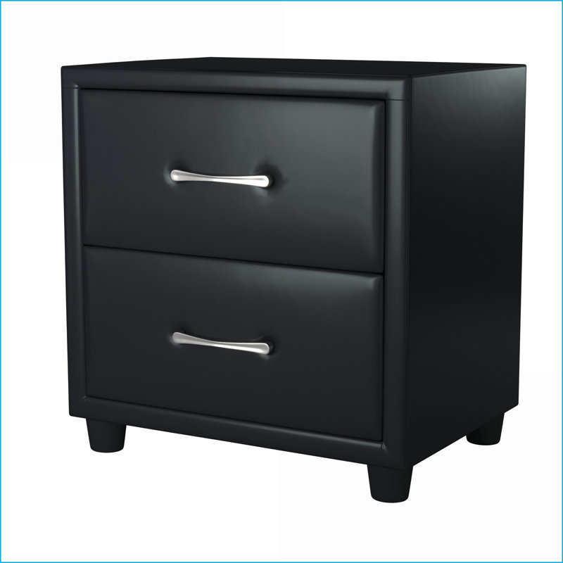 Table de chevet moderne en similicuir noir avec 2 tiroirs Poignées argentées