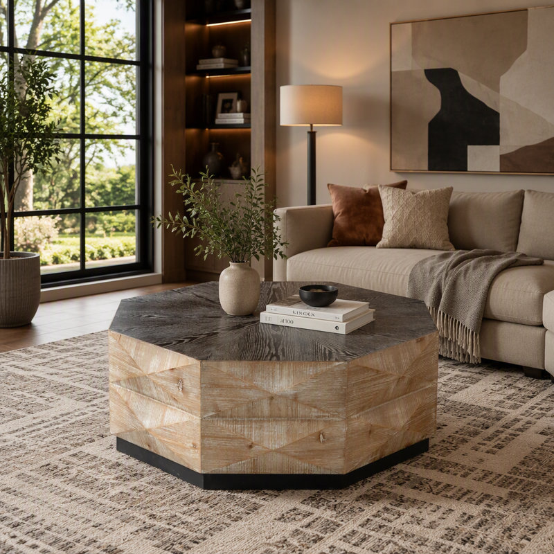 Table basse ronde rustique en bois de style rétro avec motif en relief 3D, idéale pour le salon ou la maison.