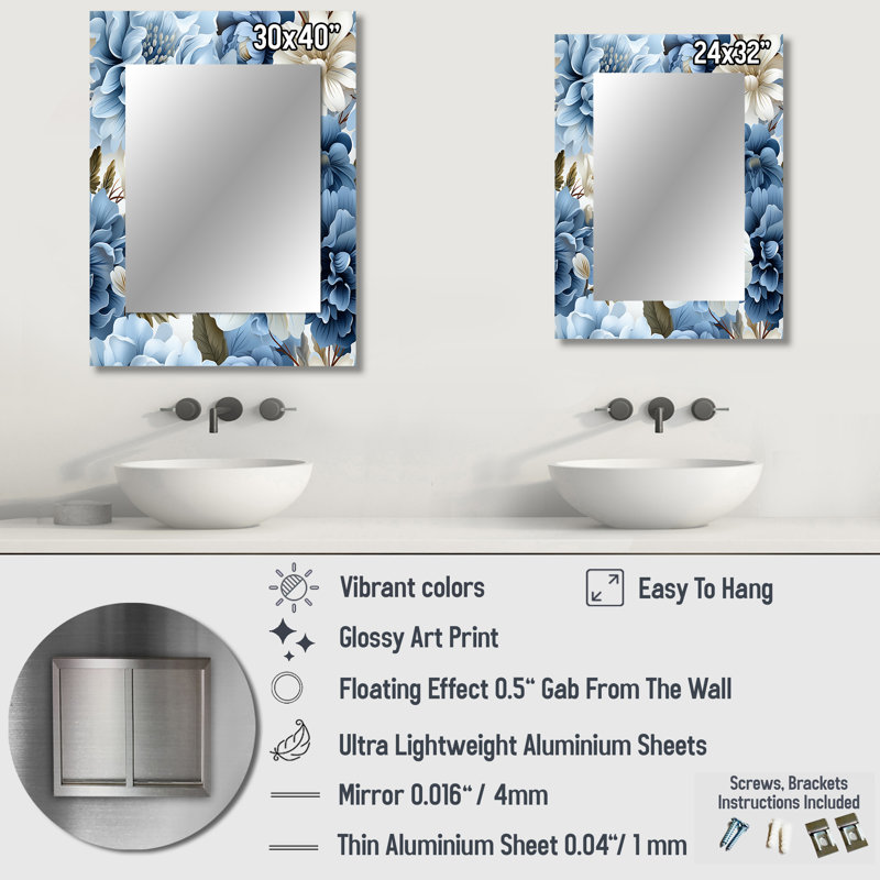 Motif victorien bleu et blanc à motif floral Ledford, 32 po x 24 po