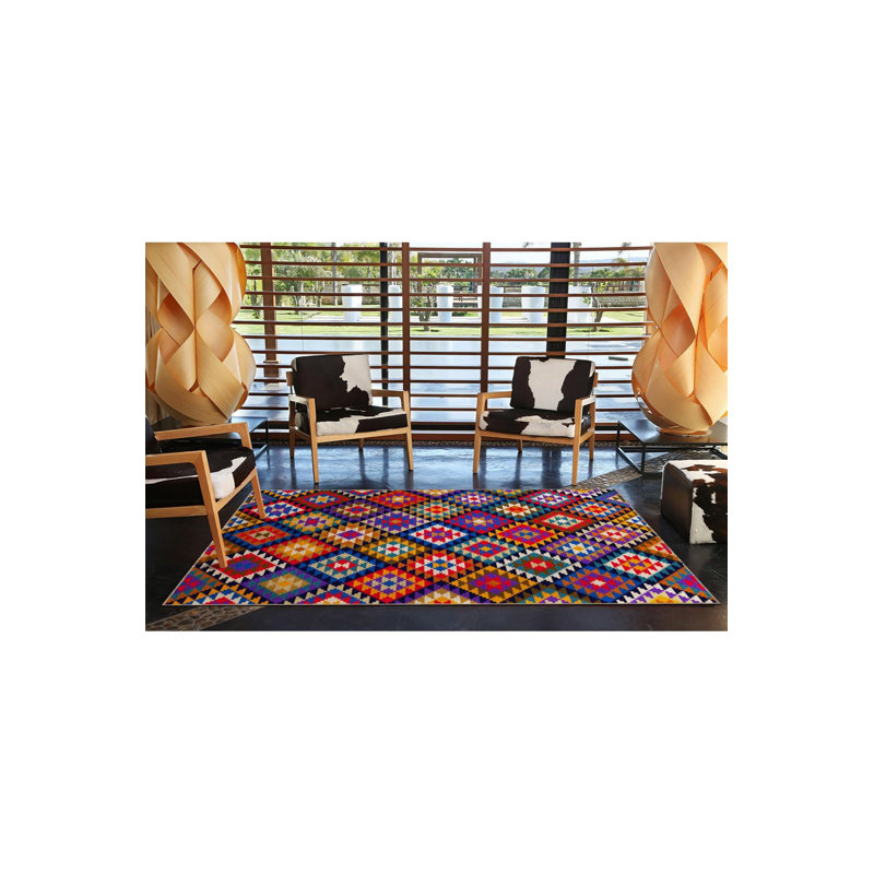 Tapis rond multicolore à motif géométrique rond lavable à la machine, Carré 3 pi 3 po