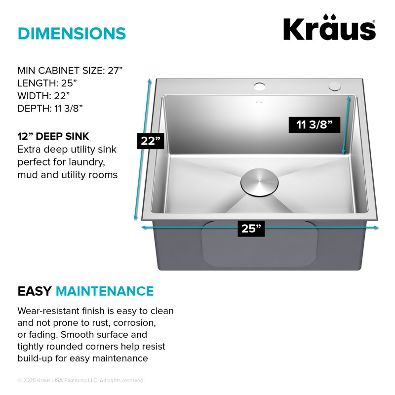 Évier de cuisine en acier inoxydable KRAUS Standart PRO, H 11,38 po x l 22 po x L 25 po, Blanchisserie / utilitaire