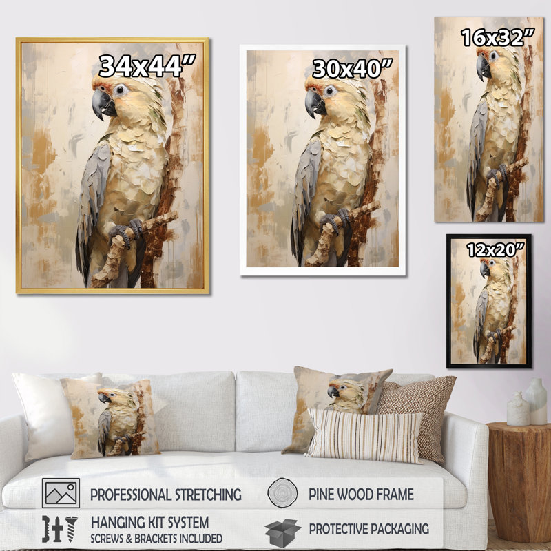 Perroquet beige à plumes élégantes I, Cadre flottant noir, H 44 po x l 34 po x P 1,5 po