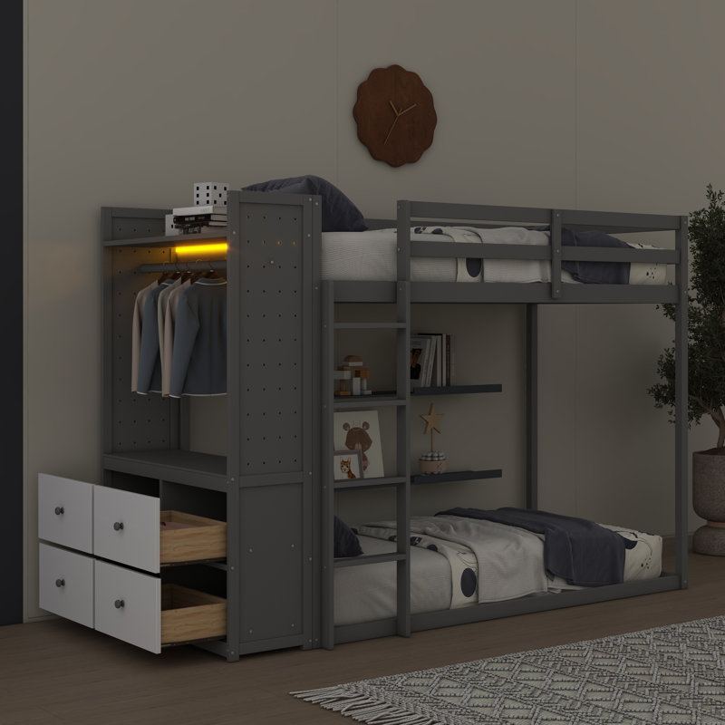 Lit superposé simple avec 4 tiroirs de rangement, tringle, bande lumineuse, tablettes intégrées et deux panneaux respirants