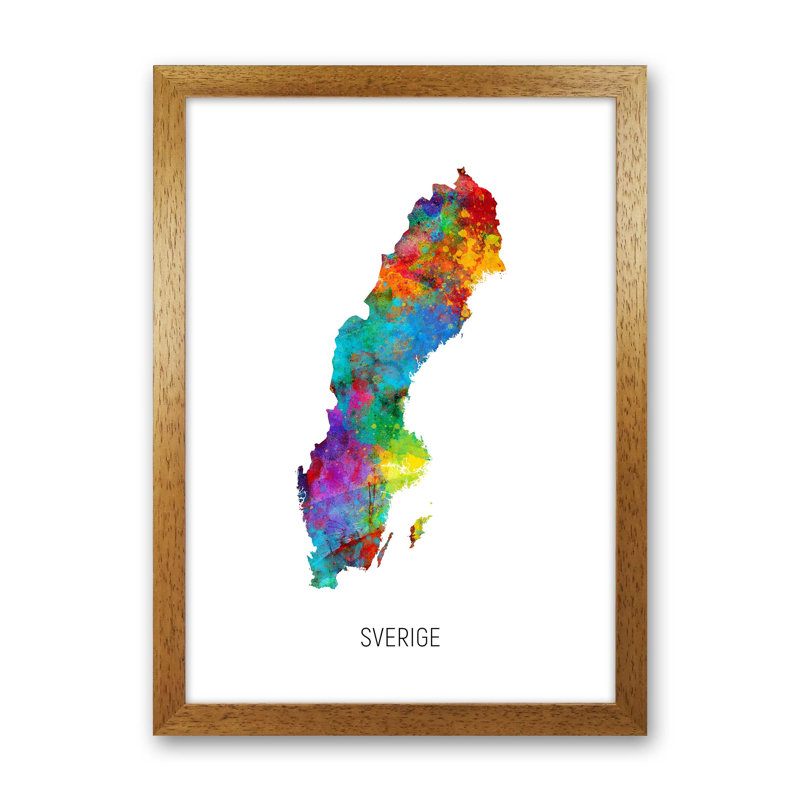 Sverige Watercolour Map by Michael Tompsett - Print, Brown Framed, 88cm H x 64cm W x 3cm D