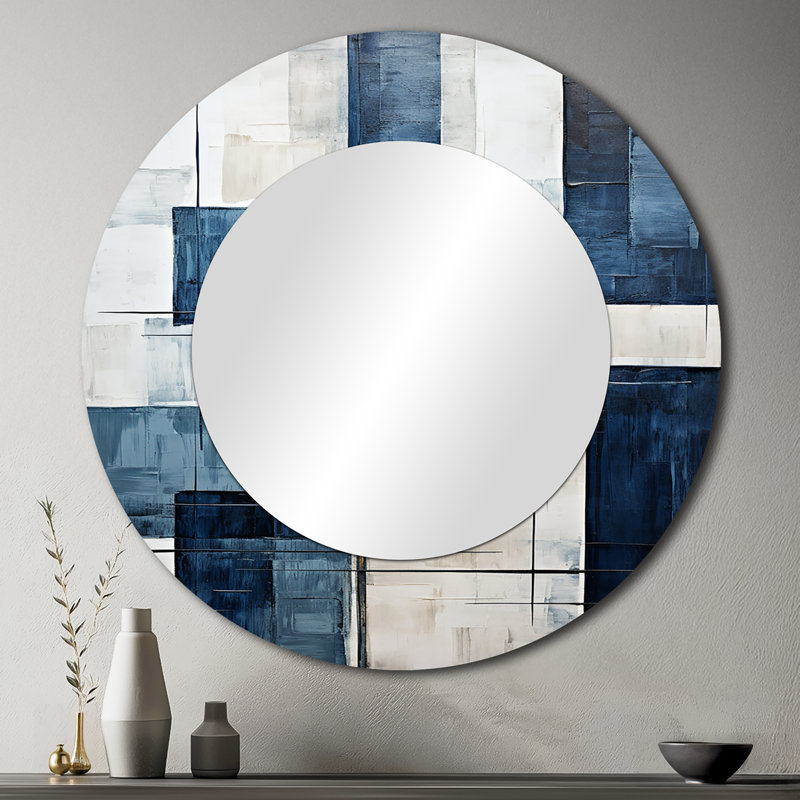 «Sabeeha Indigo Illusion Abstract Shapes V», miroir mural décoratif de formes abstraites, miroir rond noir, impression d'art en métal