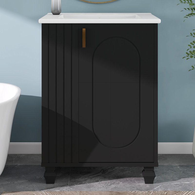Meuble-lavabo de 24 po avec lavabo, meuble de rangement pour salle de bain avec tablette de porte et rangement latéral ouvert avec cadre en bois massif et porte à fermeture douce