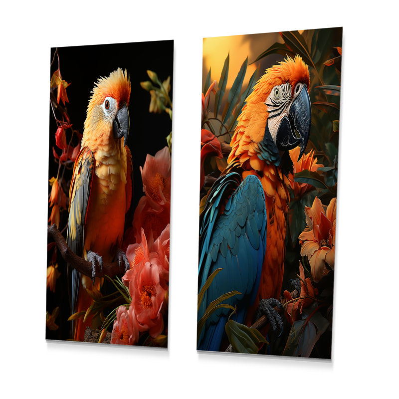 Ensemble de 2 perroquets Serenade tropicaux - art mural en métal Perroquet, H 28 po x l 24 po