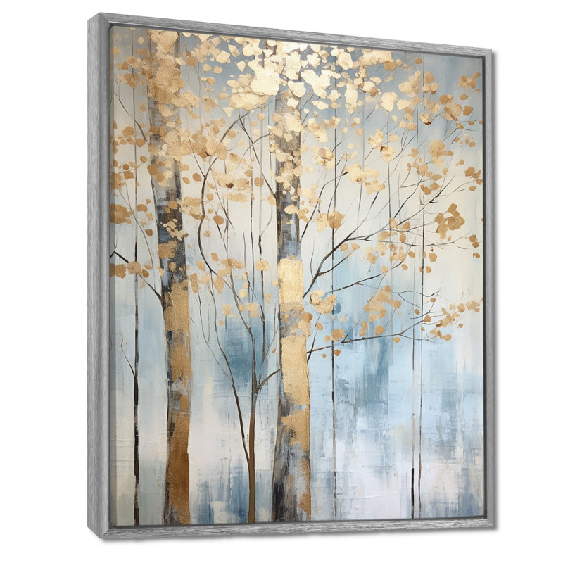 Or et bleu, arbres au trésor, paysage II - art mural arbres, H 20 po x l 12 po x P 1 po, Encadrement argenté