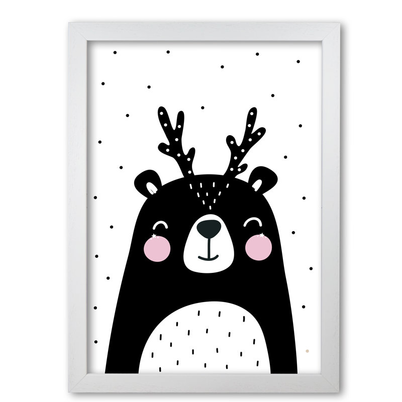 Black Bear With Antlers - Painting, White Grain Frame, 30 cm H x 21 cm W x 5 cm D