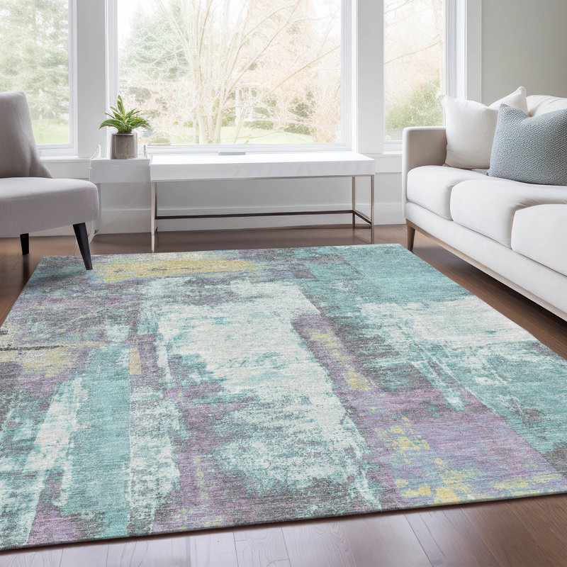 Tapis bleu sarcelle lavable à la machine intérieur / extérieur Xhevrie, Rectangulaire 8 pi x 10 pi