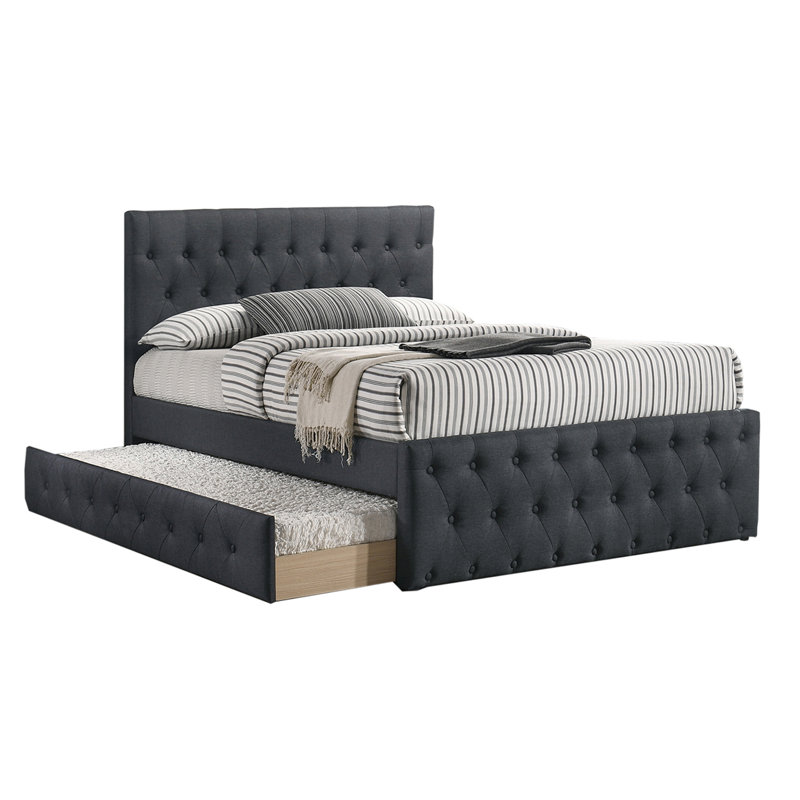 Fabric Fully Upholstered Twin Bed With Trundle, Charcoal