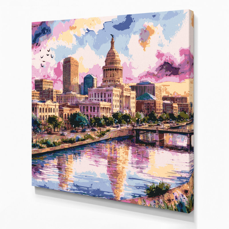 Art mural sur toile beige avec cités de villes Austin, H 16 po x l 16 po