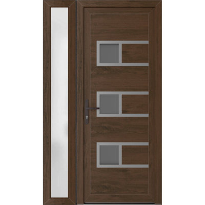 Front Exterior Prehung uPVC Metal-Plastic Manux 8933 Walnut Side Sidelite Transom Office Commercial and Residential Doors Entrance Patio Garage 48 x 80 (W36+12 x H80) Right hand Inswing