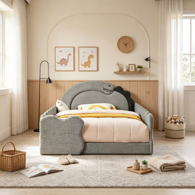 Upholstered Kids Montessori Bed with Safety Guardraild, Dinosaur Floor Bed Solid Wood Slat Support, Full Size, Grey