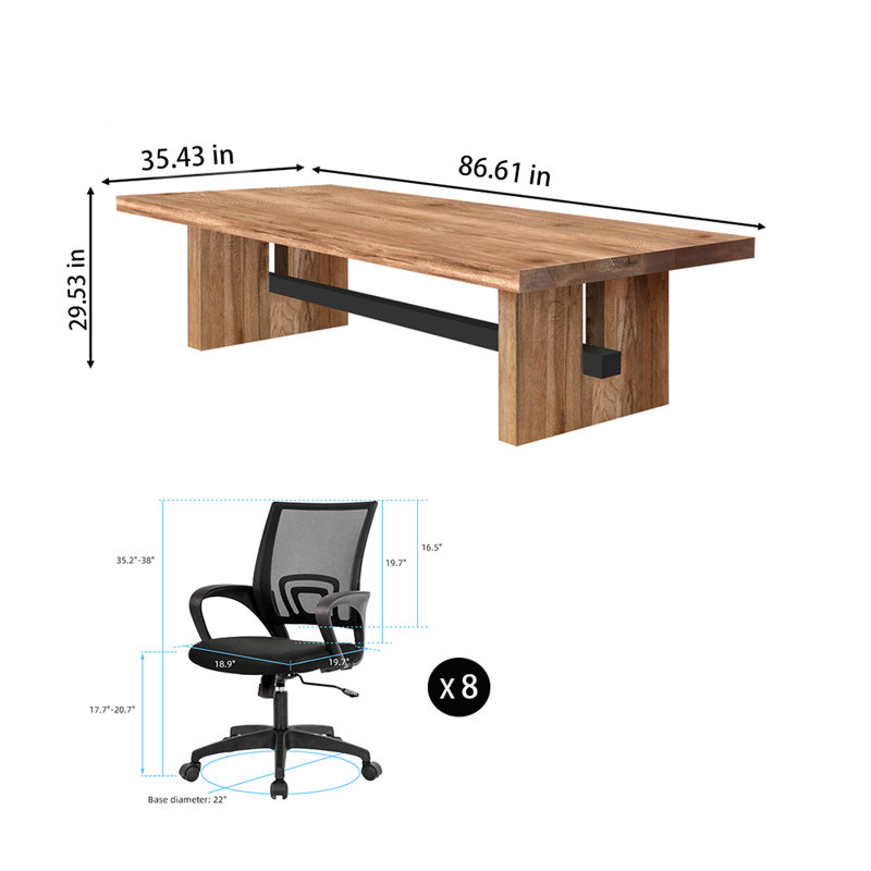 Ensemble de bureau pour 8 personnes, table de conférence moderne en bois massif de style industriel avec chaise de bureau noire 