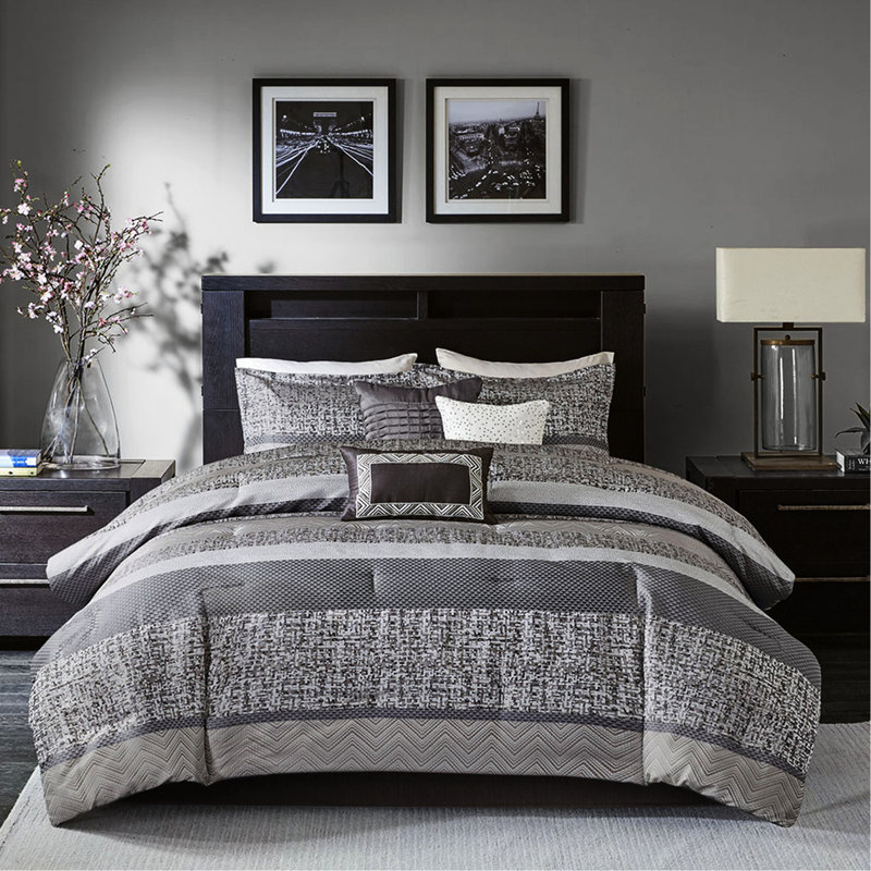 Édredon 7 pièces - très grand gris / taupe avec literie de luxe taupe, Gris/taupe