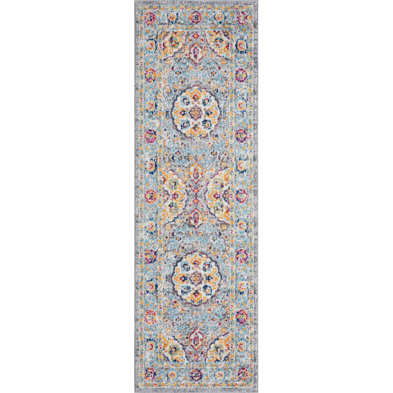 Tapis oriental turquoise / jaune Menton, Tapis de couloir : 2 pi 2 po x 7 pi 3 po