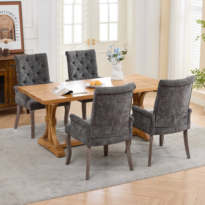 Ensemble de 2 chaises de salle à manger gris avec accoudoirs, chaises de salle à manger rembourrées en chenille avec dossier capitonné et pieds en bois massif, fauteuils d'appoint pour salle à manger, cuisine, salon, gris