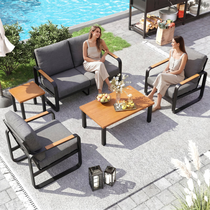 5-piece Outdoor Patio Conversation Set with Cushions, Dark Gray Sofa Seating Group, Gray