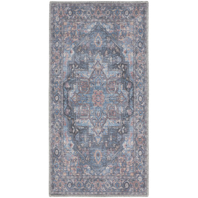 2' X 4' Light Blue Oriental Power Loom Distressed Washable Area Rug