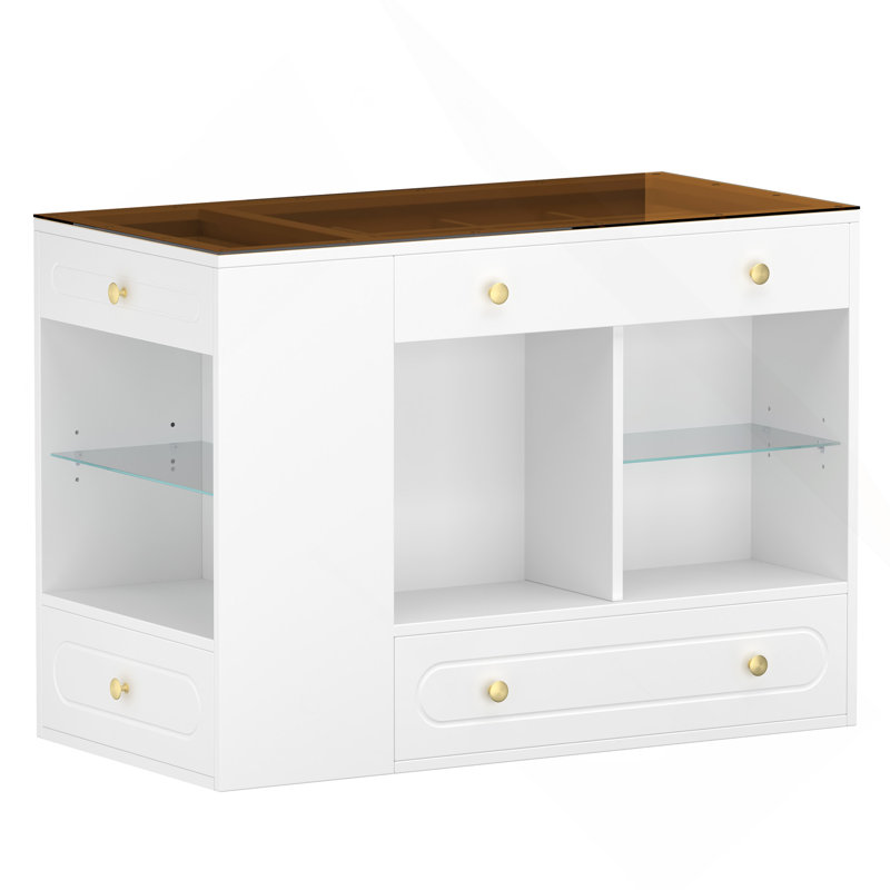 Îlot de garde-robe avec 6 tiroirs, îlot de garde-robe pour chambre à coucher avec plateau en verre et tablettes ouvertes, meuble-lavabo pour bijoux avec compartiments