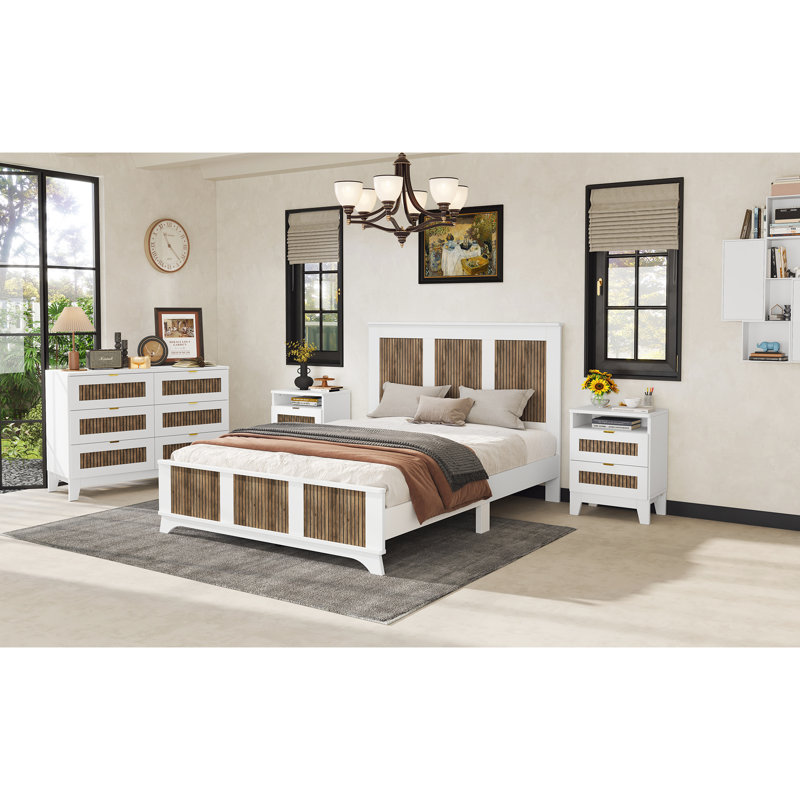 White Queen Platform Bed, Wooden Strip Decoration, Stable Plywood Slats, 700Lbs Weight Support, No Box Spring Required Bed With Character And