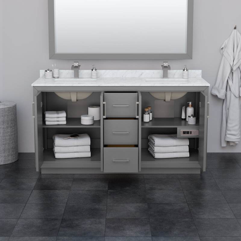 Icon 72" Double Bathroom Vanity Set, Brushed Nickel, White, 66"