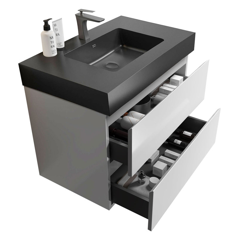 Meuble-lavabo mural avec plateau noir mat, Noir mat, 36", Noyer foncé