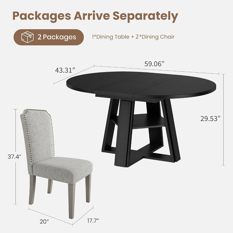 Ensemble de table de salle à manger extensible ronde ovale avec chaises rembourrées, Noir + gris, 2