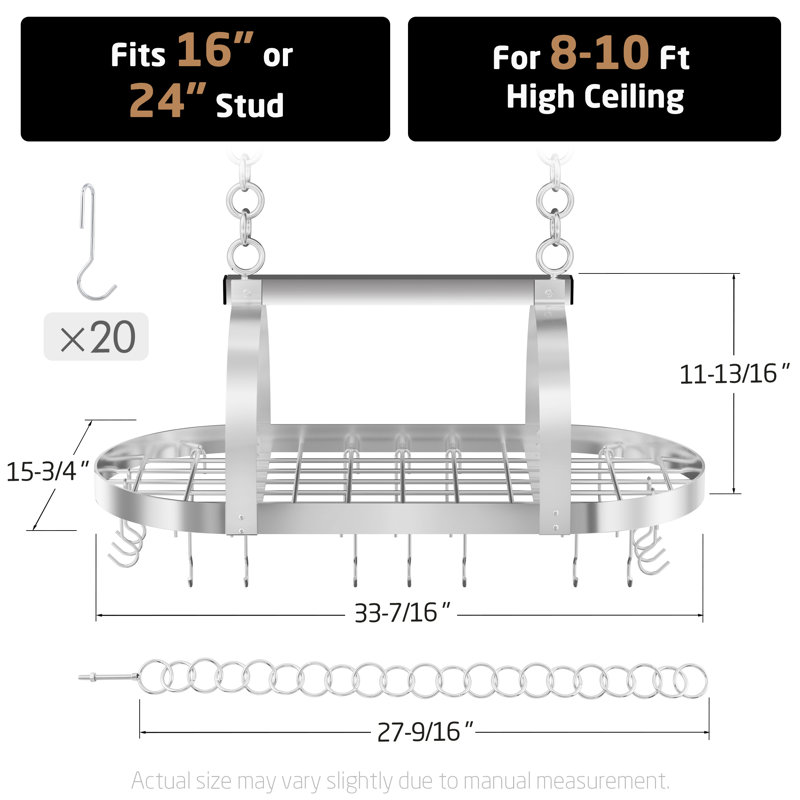 Delauter Hanging Ceiling Pot Rack 34-Inch for Kitchen with 20 S Hooks, Chrome