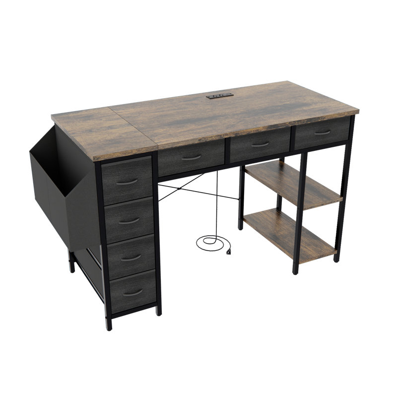Bureau d'ordinateur multifonctionnel brun rustique avec prises de courant et beaucoup de rangement