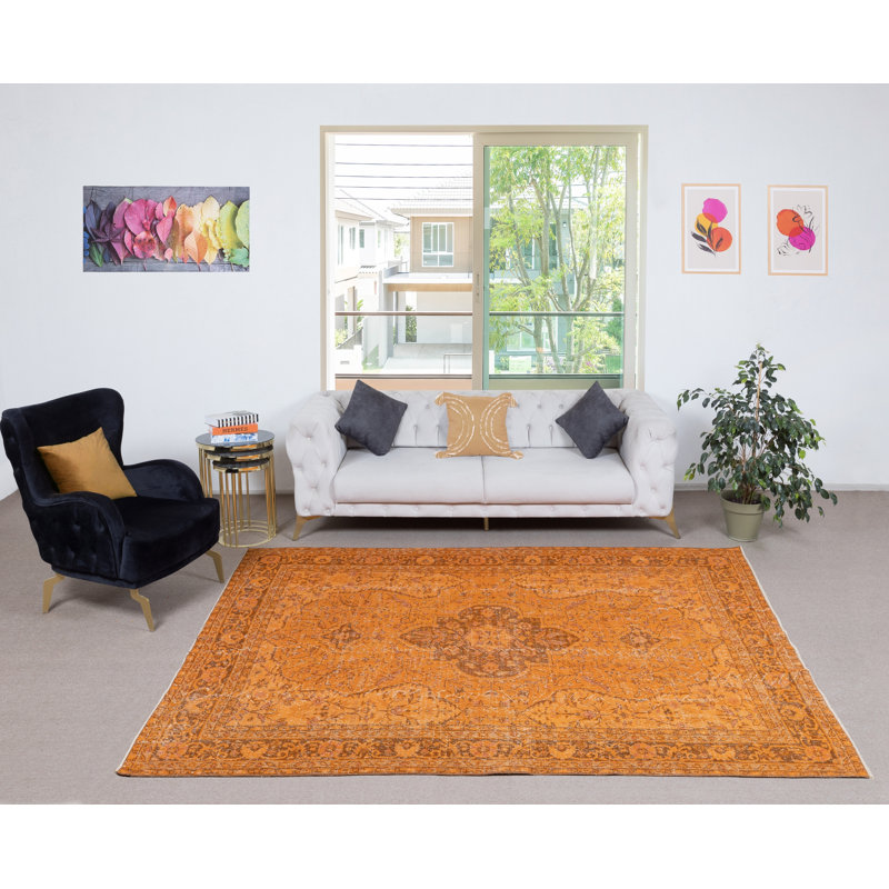 Tapis turc en laine fait à la main 7 x 9,4 pi. Tapis orange rétro pour maison moderne
