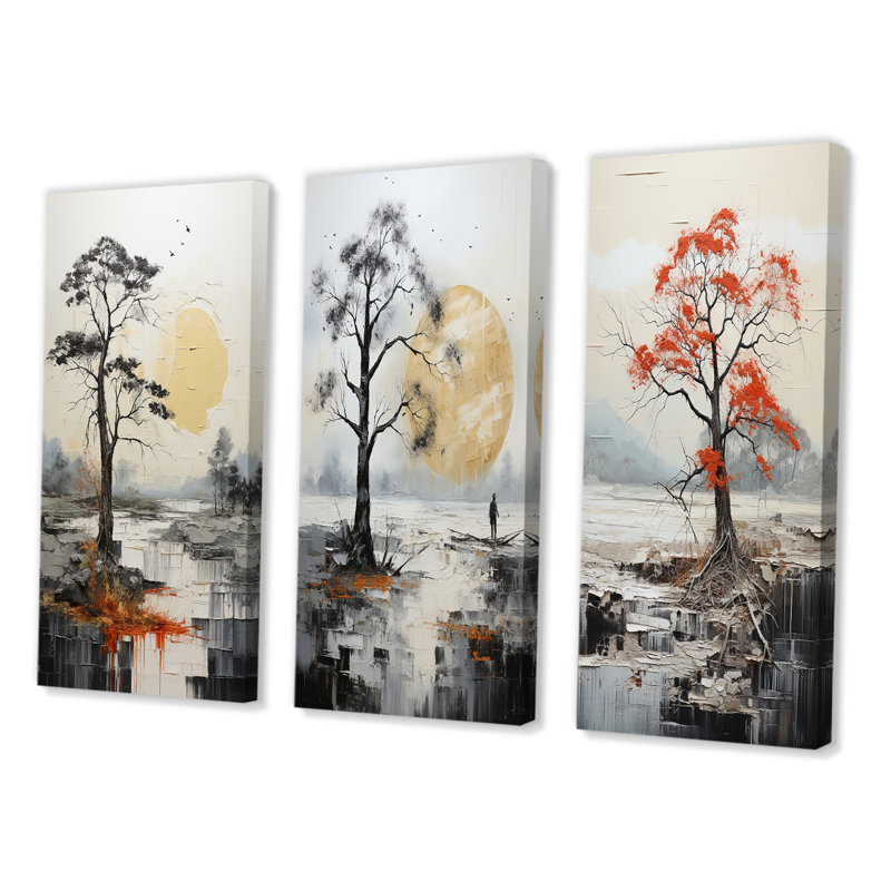 «Gray Yellow Minimalisme Tree Solitude», 3 pièces sur toile, Toile tendue, H 40 po x l 60 po