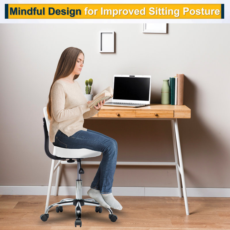 Darrett Adjustable Drafting Stool with Wheels and Backrest, Faux Leather desk stool, Space-Saving Rolling Stool, White